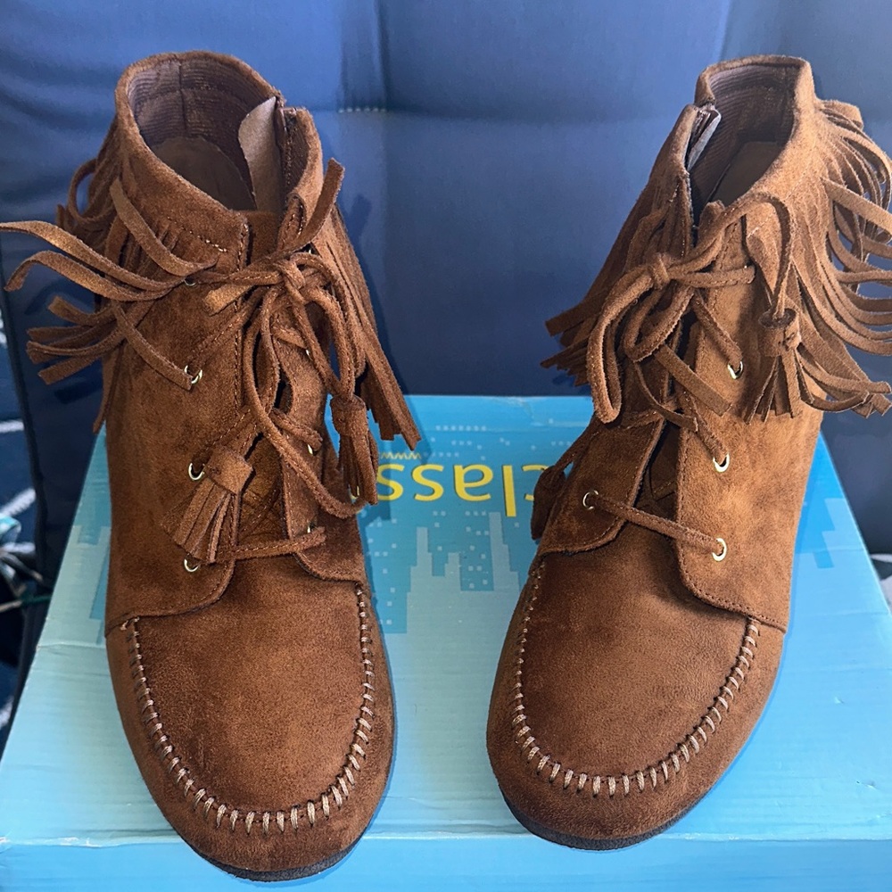 Brown Suede Fringe Ankle Boots